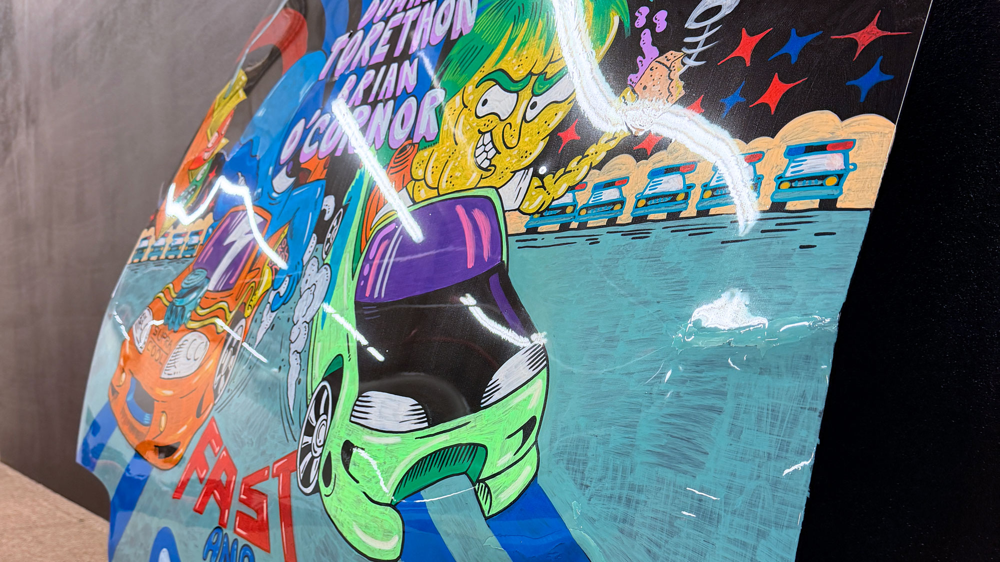 Custom artwork on RX-7 FD3S hood at The Garage by Gisèle Racing